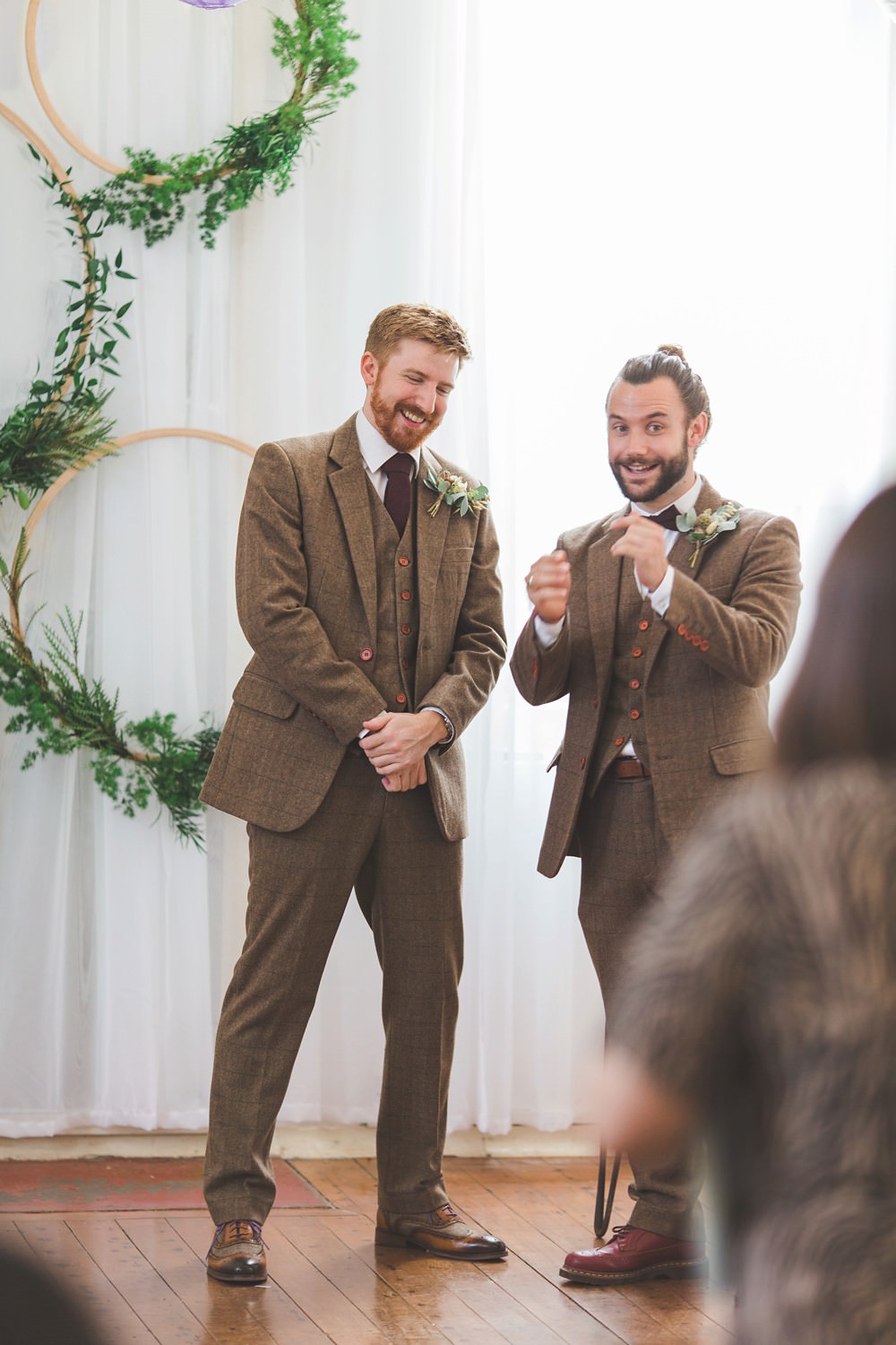 Groom Suit Brown Tweed Burgundy Tie Buttonhole Flowers Letchworth Wedding Milkbottle Photography