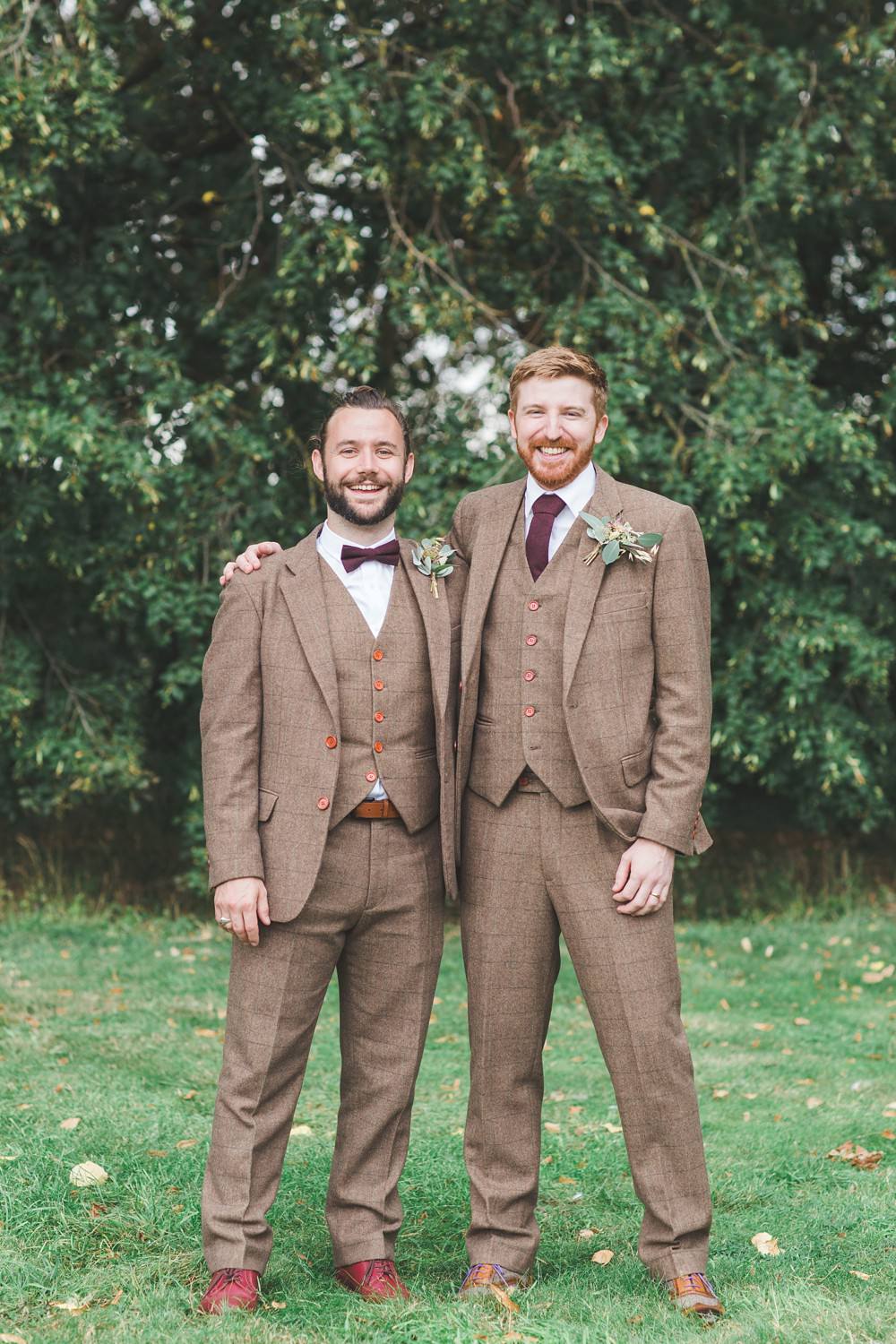 Groom Suit Brown Tweed Burgundy Tie Buttonhole Flowers Letchworth Wedding Milkbottle Photography