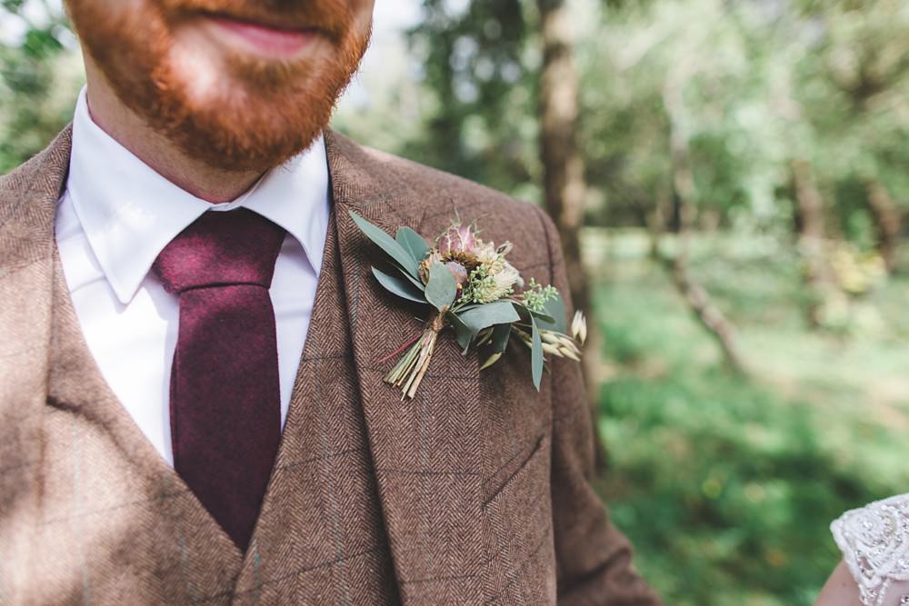 Groom Suit Brown Tweed Burgundy Tie Buttonhole Flowers Letchworth Wedding Milkbottle Photography