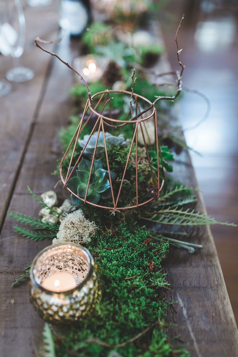 Centrepiece Decor Moss Foliage Greenery Runner Garland Table Candles Terrariums Letchworth Wedding Milkbottle Photography