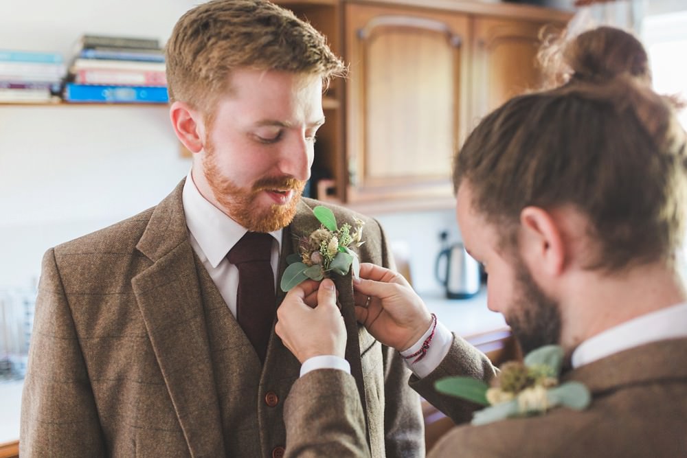 Groom Suit Brown Tweed Burgundy Tie Buttonhole Flowers Letchworth Wedding Milkbottle Photography