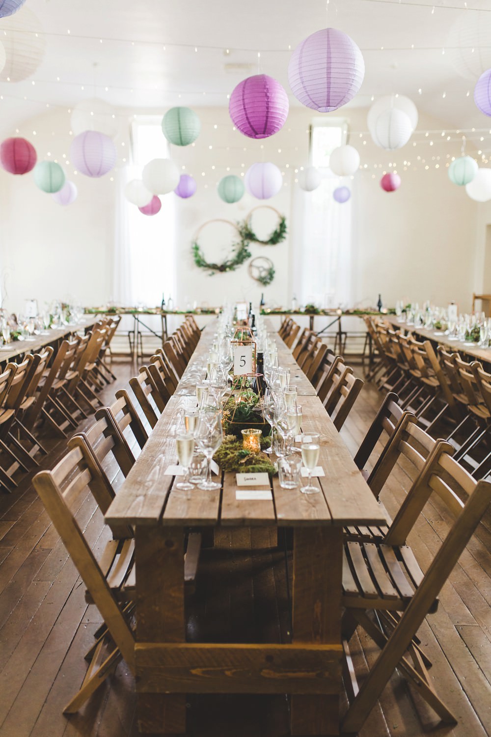 Long Wooden Tables Chairs Greenery Foliage Hoops Lanters Decor Decoration Letchworth Wedding Milkbottle Photography