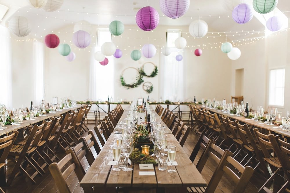 Long Wooden Tables Chairs Greenery Foliage Hoops Lanters Decor Decoration Letchworth Wedding Milkbottle Photography
