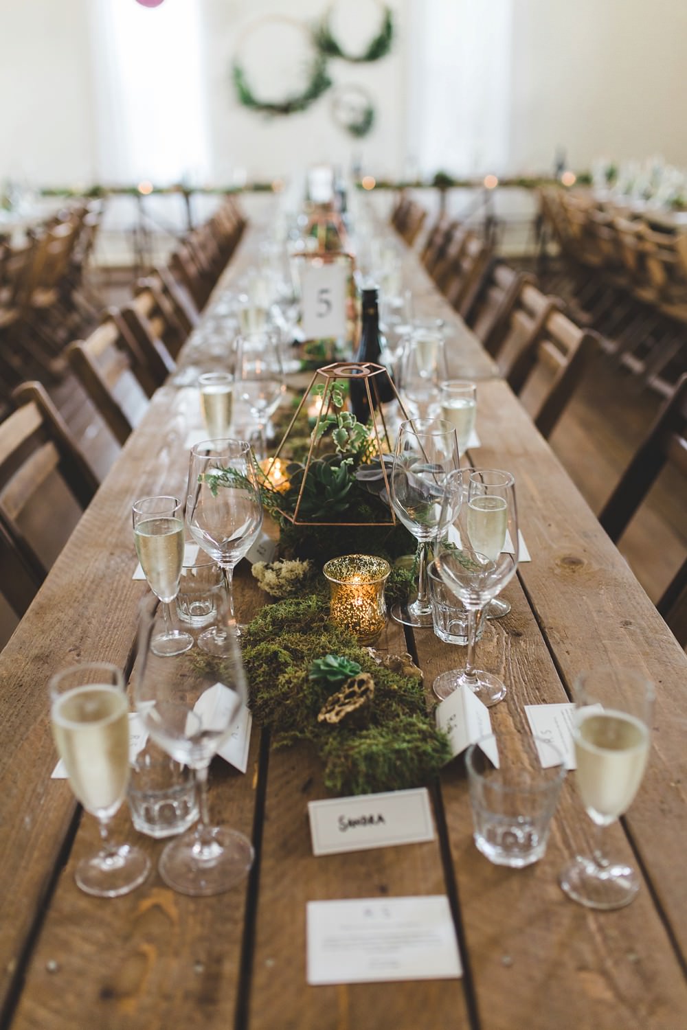 Centrepiece Decor Moss Foliage Greenery Runner Garland Table Candles Terrariums Letchworth Wedding Milkbottle Photography