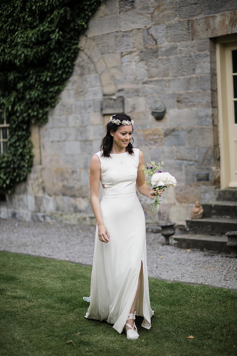 Bride Bridal Boat Neck Cut Out Dress Gown Flower Floral Crown Veil Espadrilles Marquee Castle Wedding Rachael Fraser Photography