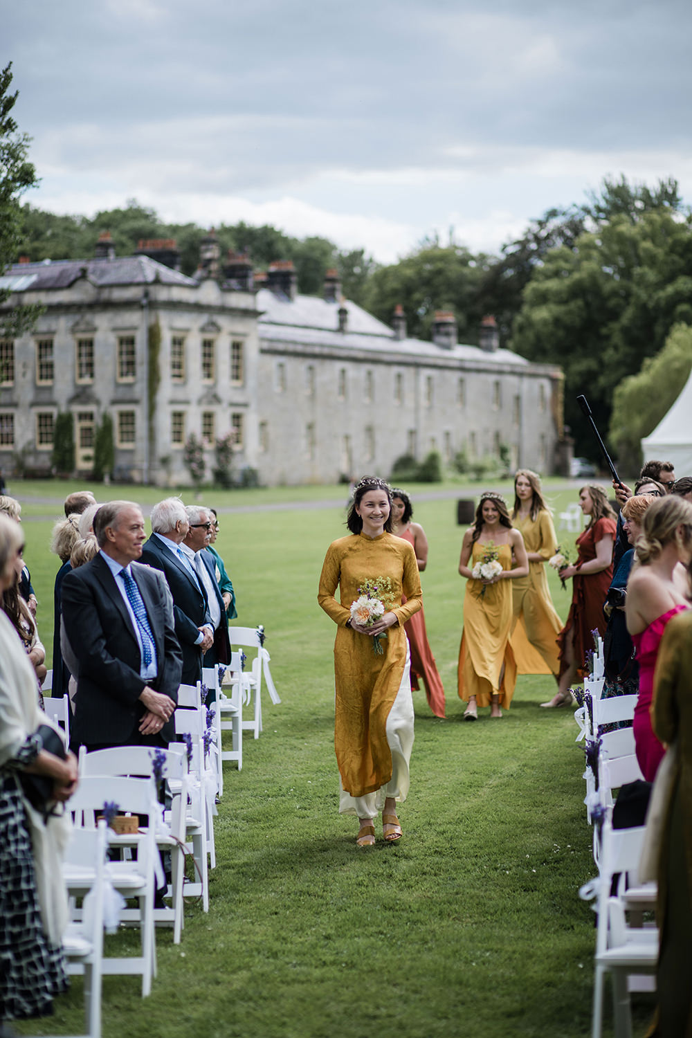 Mismatched Yellow Orange Bridesmaids Flower Floral Crown Marquee Castle Wedding Rachael Fraser Photography