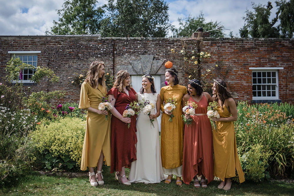 Bride Bridal Boat Neck Cut Out Dress Gown Flower Floral Crown Veil Yellow Orange Red Mismatched Bridesmaids Marquee Castle Wedding Rachael Fraser Photography
