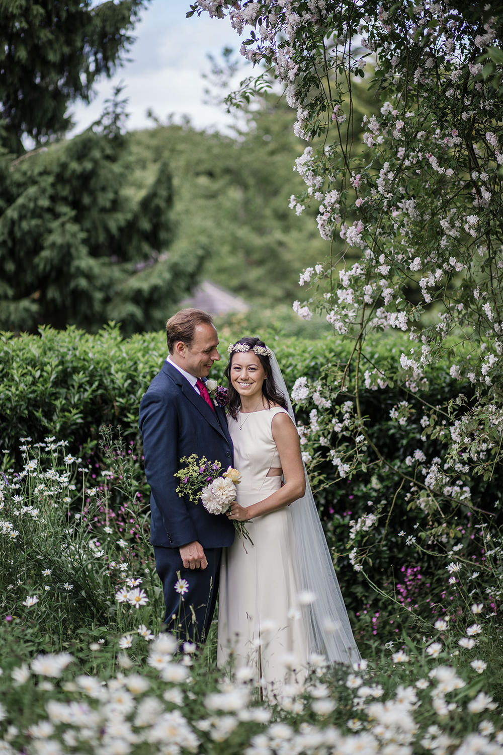 Bride Bridal Boat Neck Cut Out Dress Gown Flower Floral Crown Veil Navy Suit Groom Marquee Castle Wedding Rachael Fraser Photography