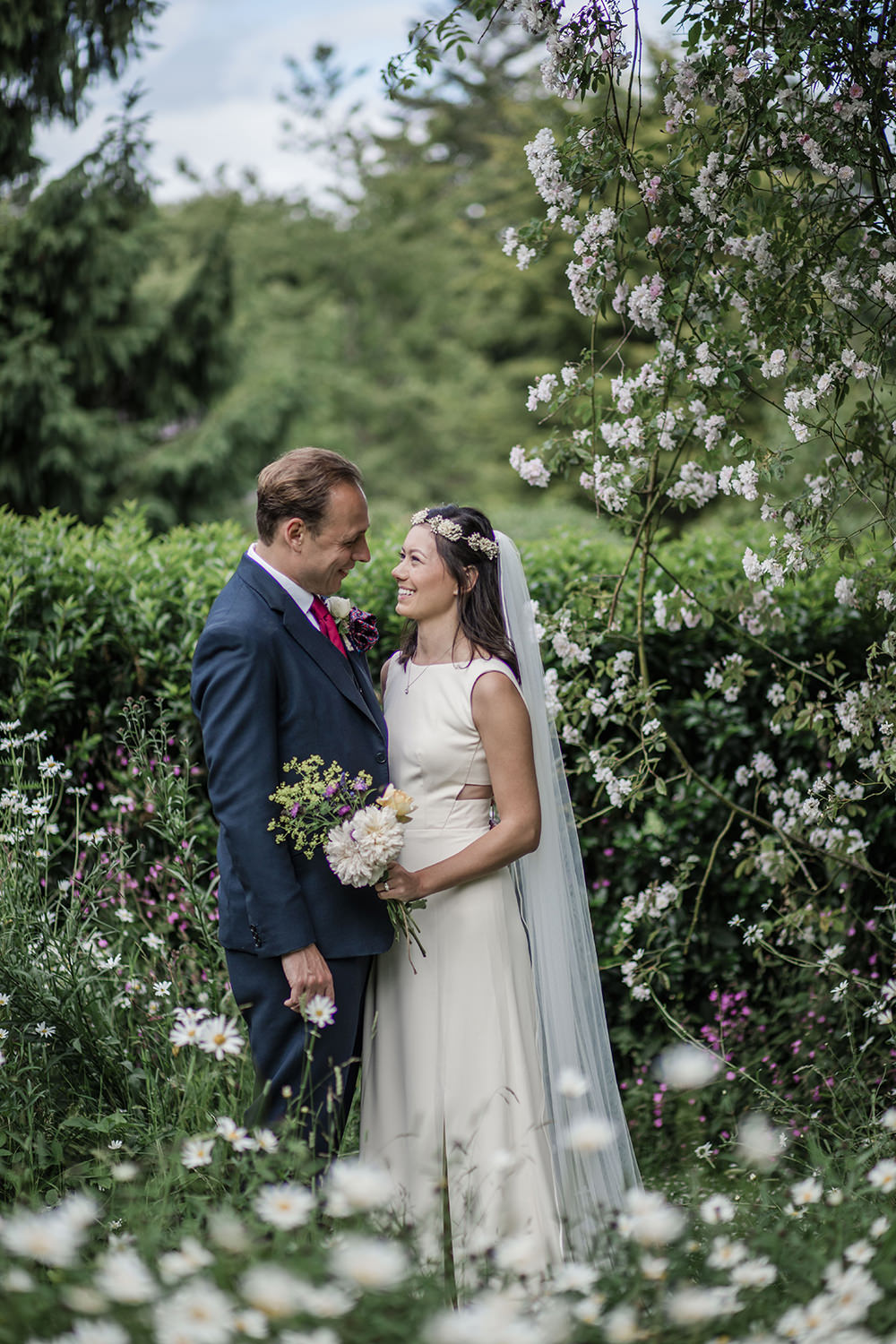 Bride Bridal Boat Neck Cut Out Dress Gown Flower Floral Crown Veil Navy Suit Groom Marquee Castle Wedding Rachael Fraser Photography