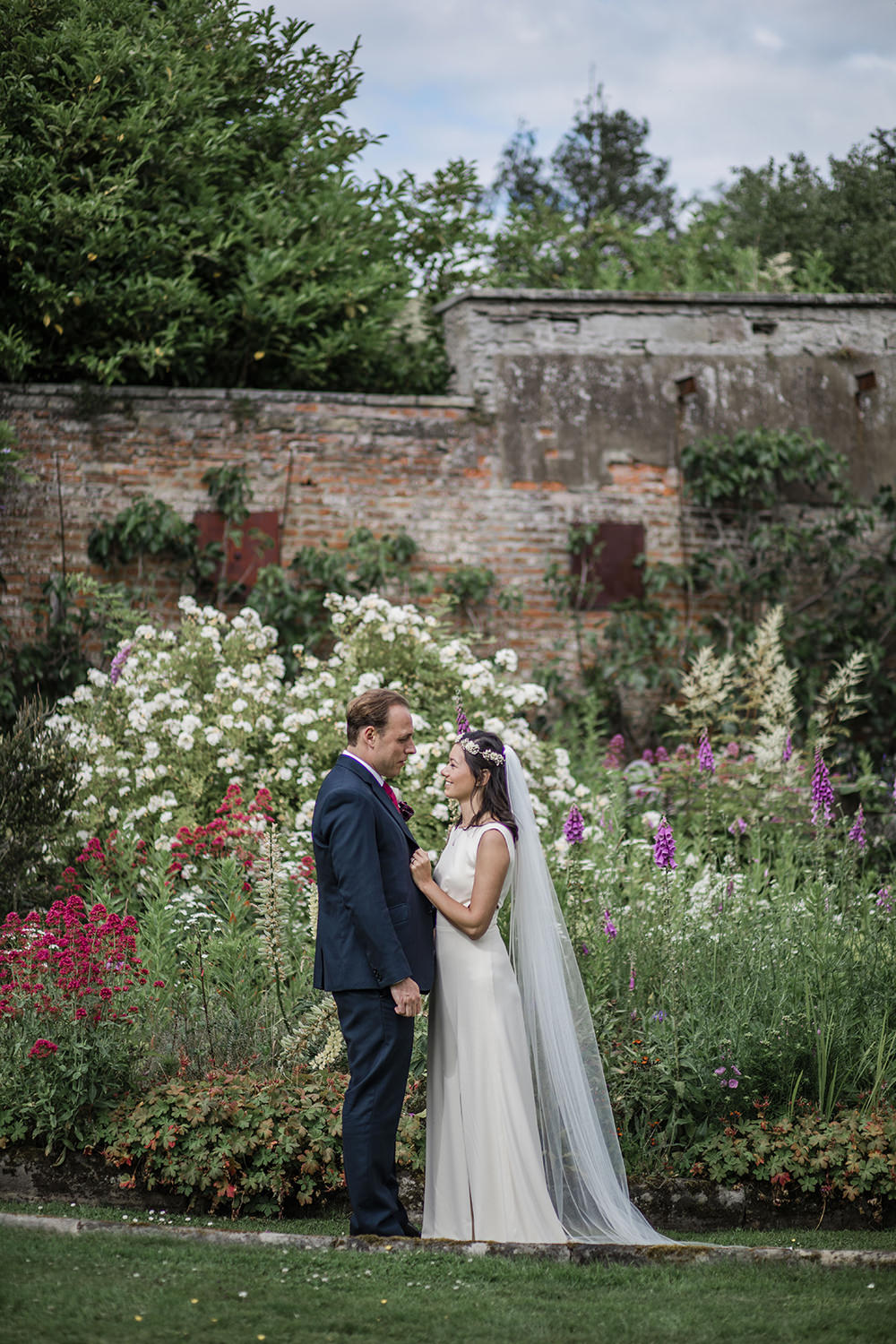 Bride Bridal Boat Neck Cut Out Dress Gown Flower Floral Crown Veil Navy Suit Groom Marquee Castle Wedding Rachael Fraser Photography