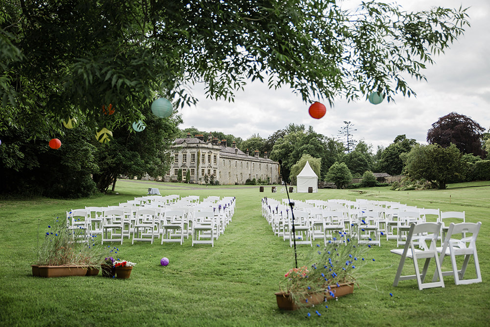 Outdoor Ceremony Colourful Paper Lanterns Marquee Castle Wedding Rachael Fraser Photography