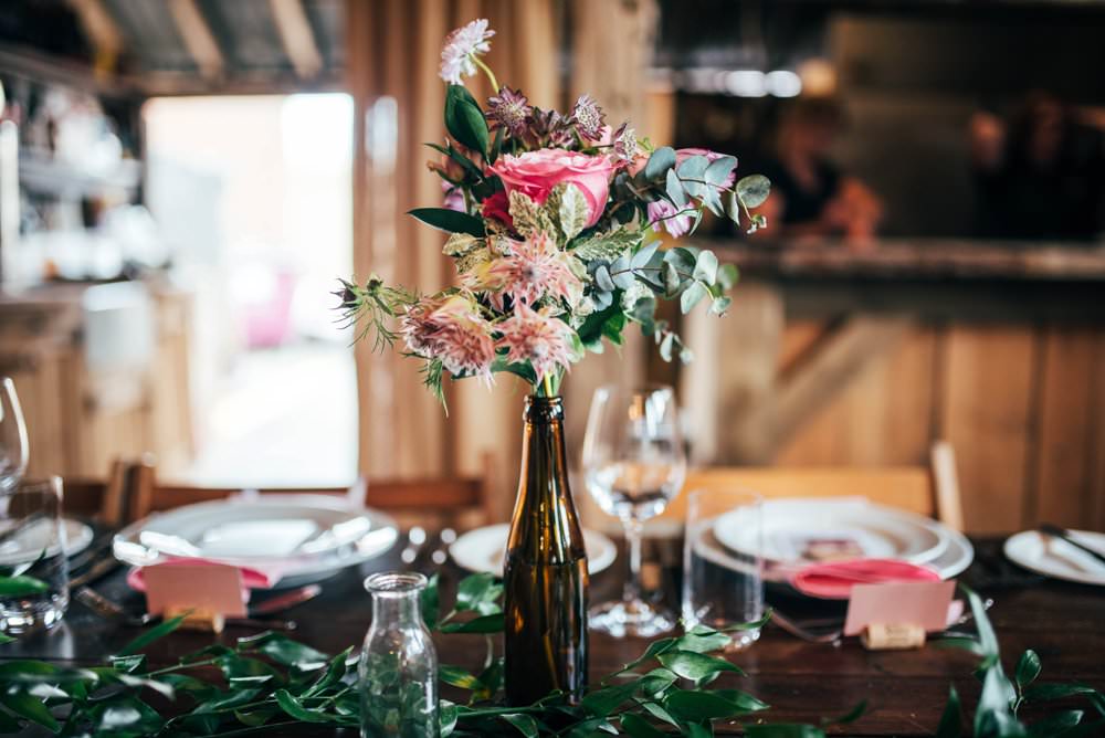 Bottle Flowers Table Centrepice Pink Red Wedding Three Flowers Photography