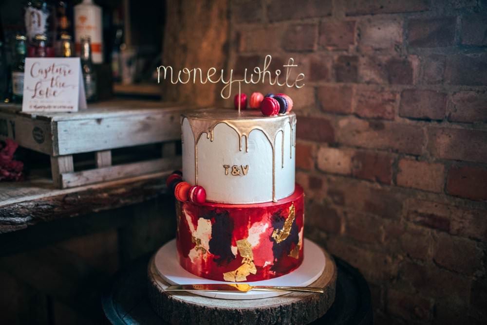 Cake Gold Drip Paint Strokes Macaron Wire Topper Pink Red Wedding Three Flowers Photography