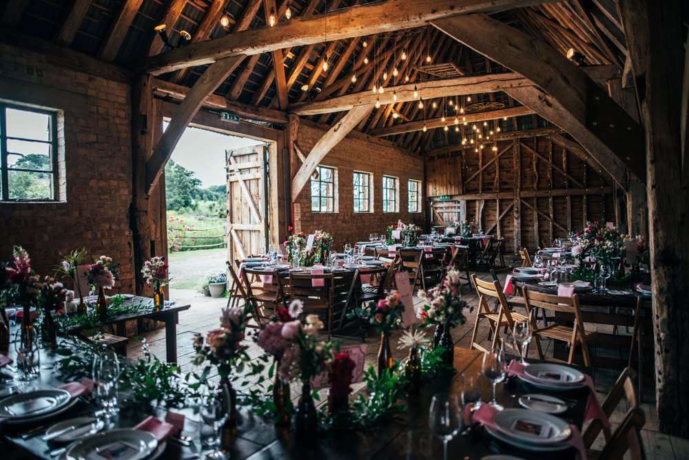 Barn Festoon Lights Rustic Pink Red Wedding Three Flowers Photography