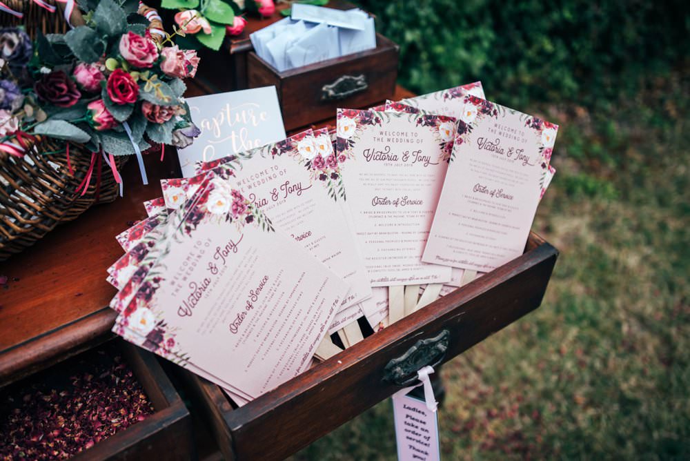 Order of Service Ceremony Sticks Stationery Pink Red Wedding Three Flowers Photography