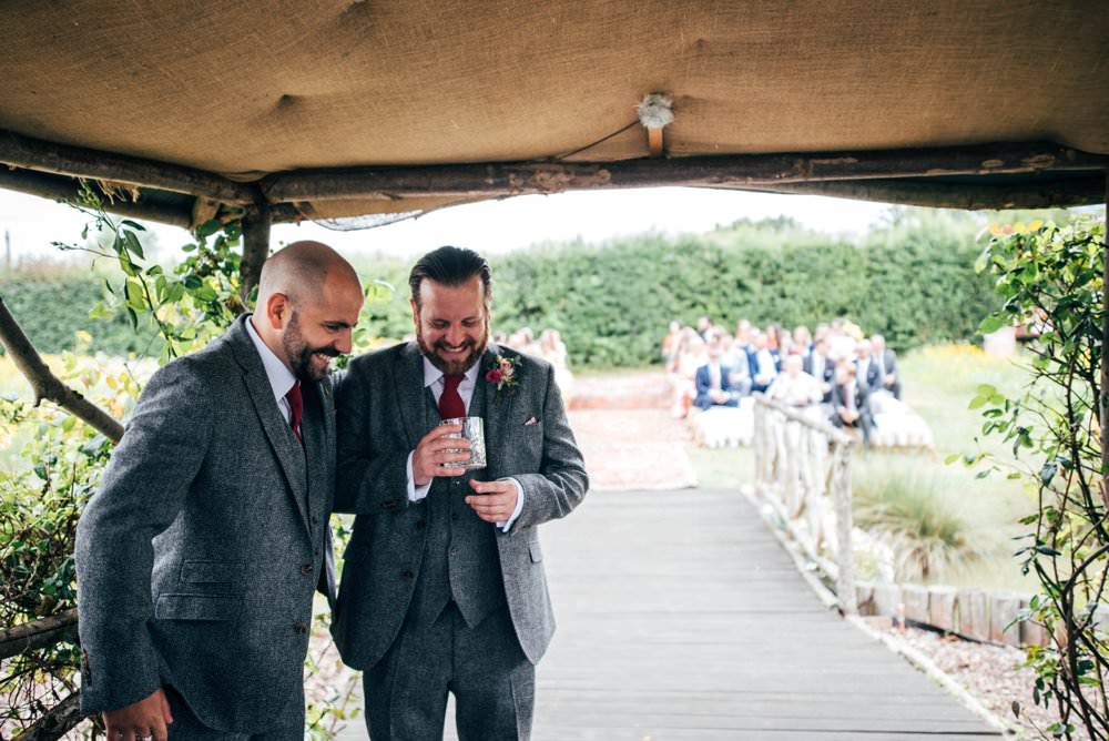 Groom Suit Tweed Grey Tie Pink Red Wedding Three Flowers Photography