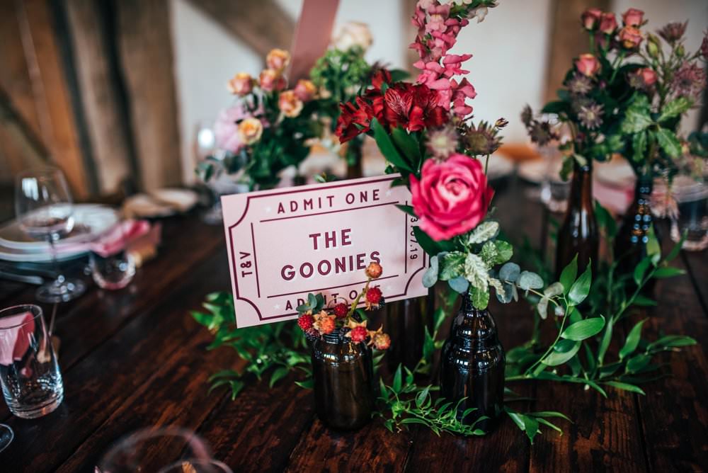 Bottle Flowers Centrepiece Decor Ticket Table Name Pink Red Wedding Three Flowers Photography