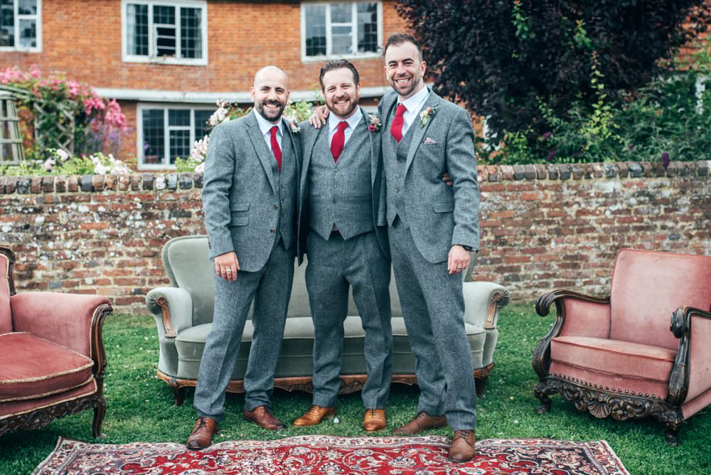 Groom Suit Tweed Grey Tie Groomsmen Pink Red Wedding Three Flowers Photography