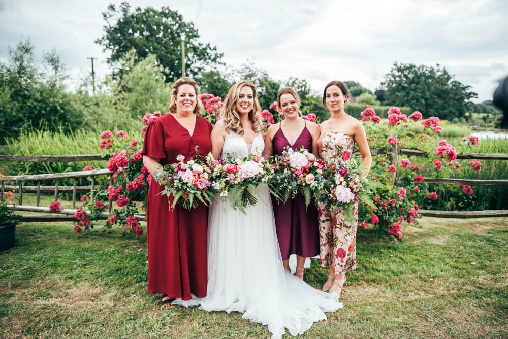 Bridesmaids Bridesmaid Dress Dresses Mismatched Mix Match Pink Red Wedding Three Flowers Photography
