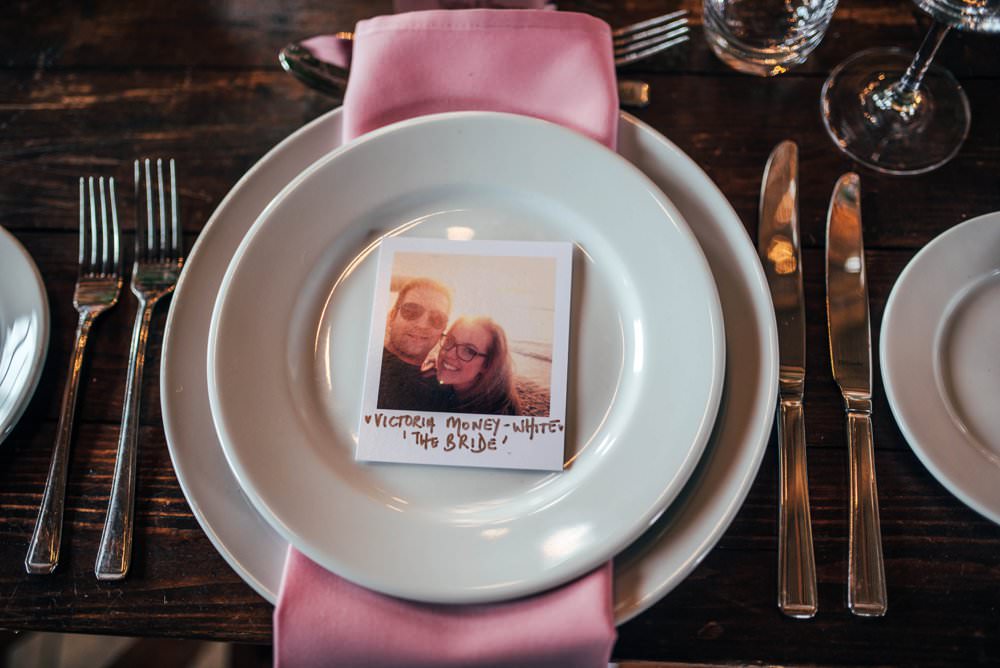Napkin Polaroid Place Name Card Pink Red Wedding Three Flowers Photography