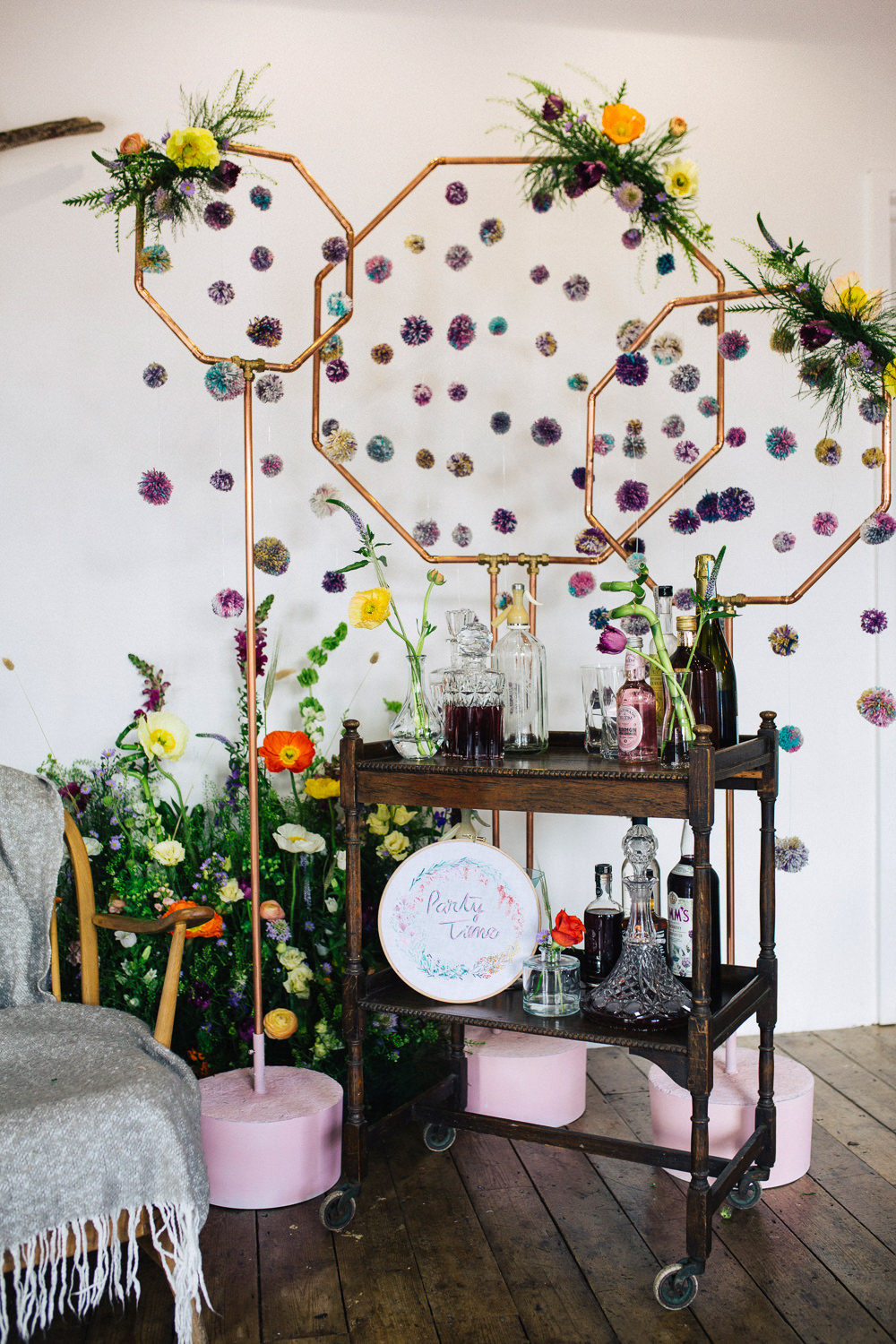 Hexagon Backdrop Flowers Drinks Cocktail Bar Gin Playful Cool Wedding Ideas Sophie Lake Photography