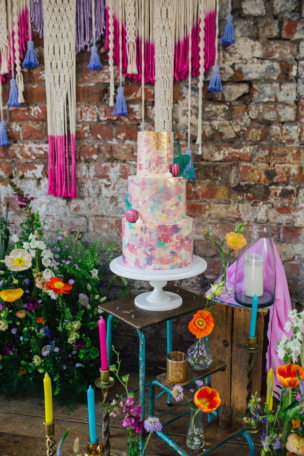 Cake Table Meadow Flowers Macrame Backdrop Candles Playful Cool Wedding Ideas Sophie Lake Photography