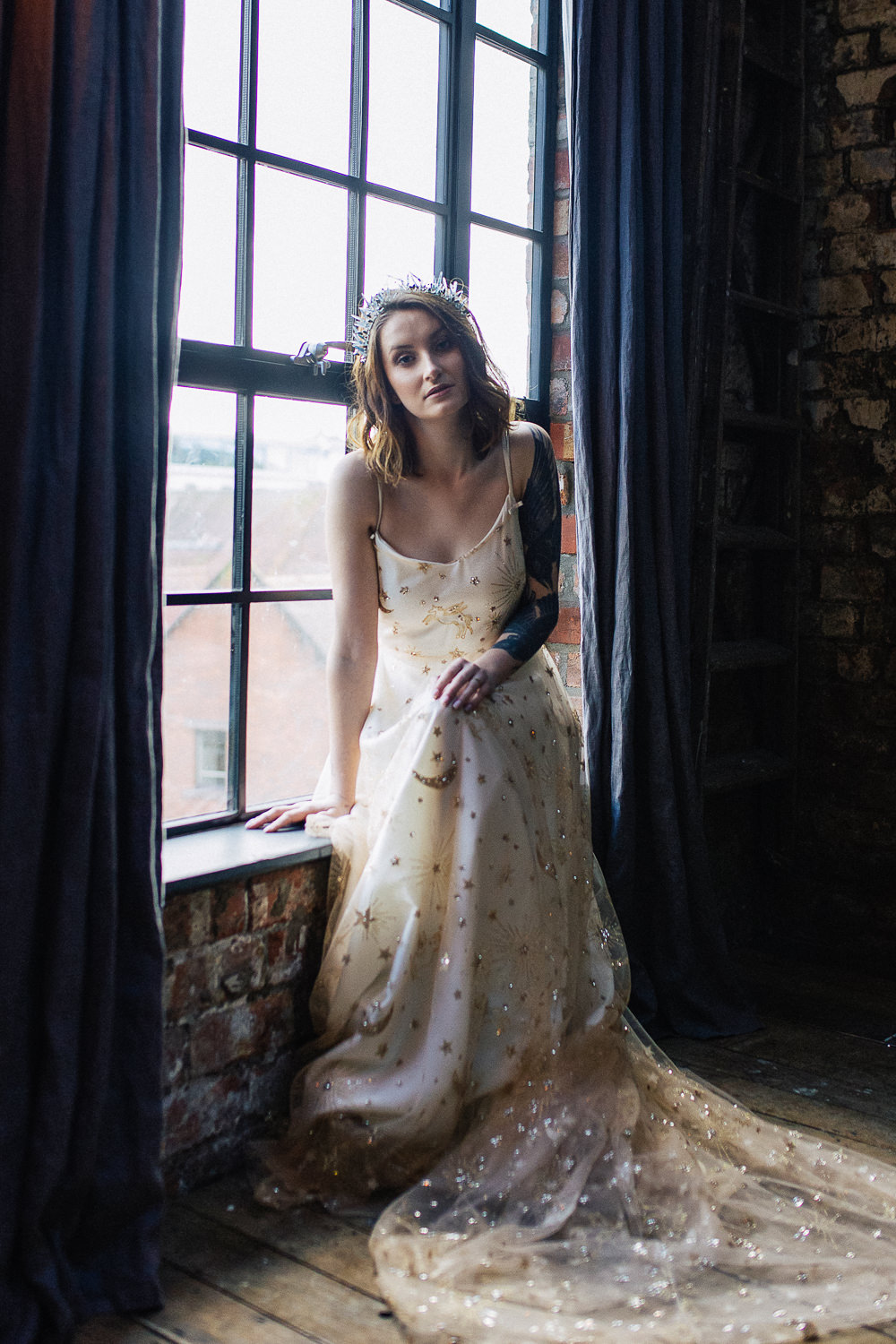 Bride Bridal Dress Gown Moon Stars Celestial Gold Unicorn Playful Cool Wedding Ideas Sophie Lake Photography