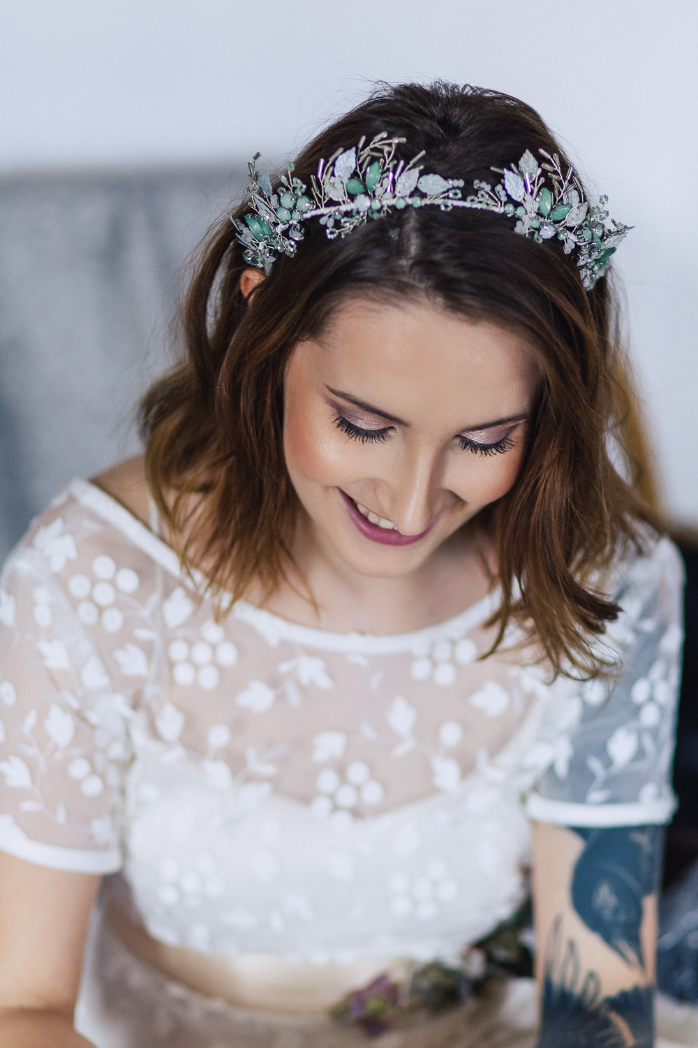 Bride Bridal Make Up Floral Headdress Tiara Crown Playful Cool Wedding Ideas Sophie Lake Photography