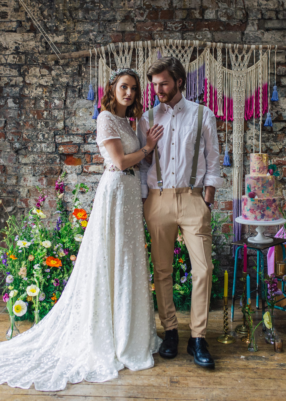 Cake Table Meadow Flowers Macrame Backdrop Candles Playful Cool Wedding Ideas Sophie Lake Photography