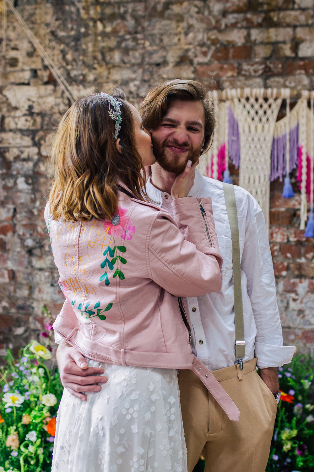 Bride Bridal Leather Jacket Pink Paintet Personalised Playful Cool Wedding Ideas Sophie Lake Photography
