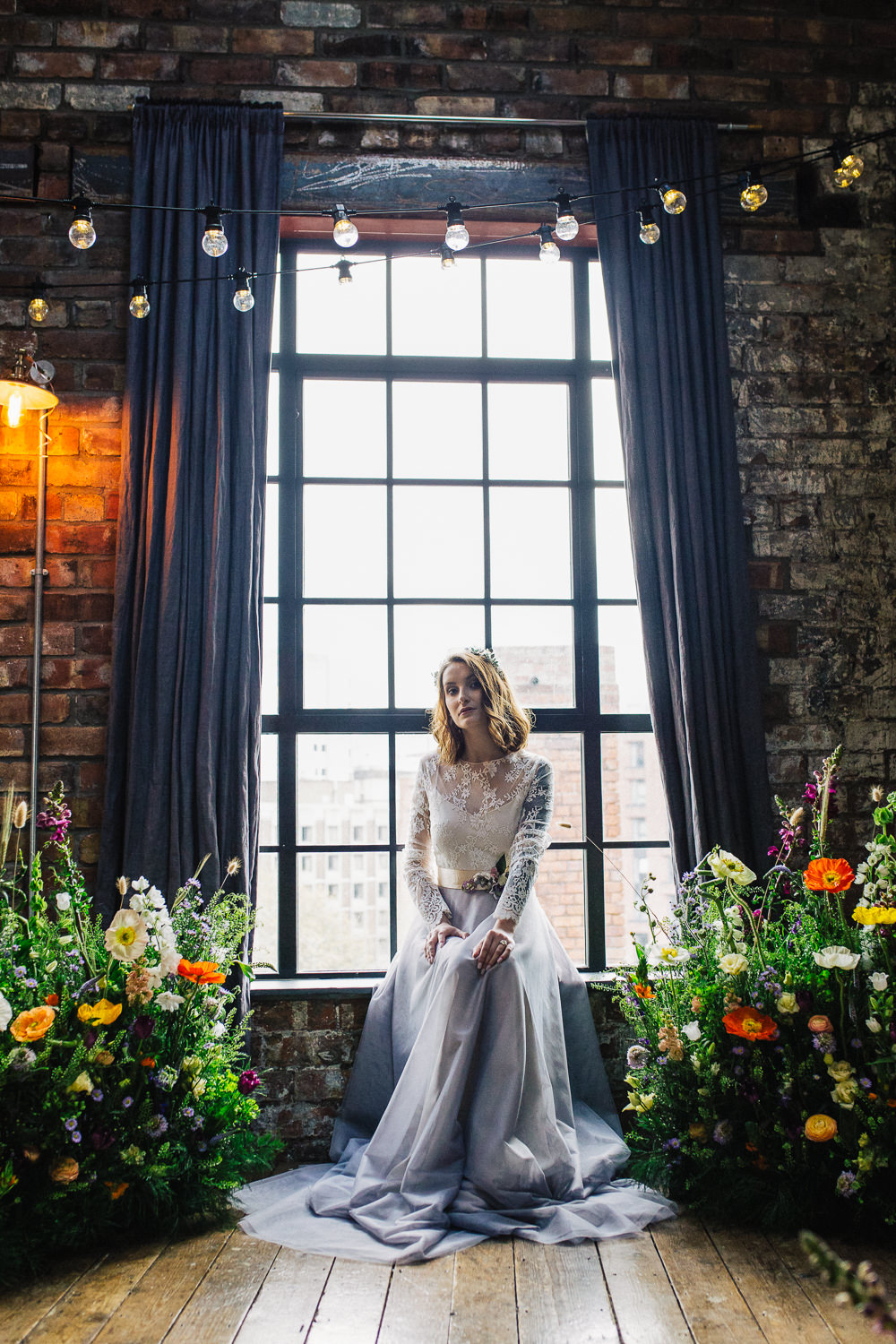 Bride Bridal Dress Gown Embroidery Leaves Berries Sleeves Meadow Flowers Meadowscape Arrangement Wild Colourful Poppy Poppies Playful Cool Wedding Ideas Sophie Lake Photography