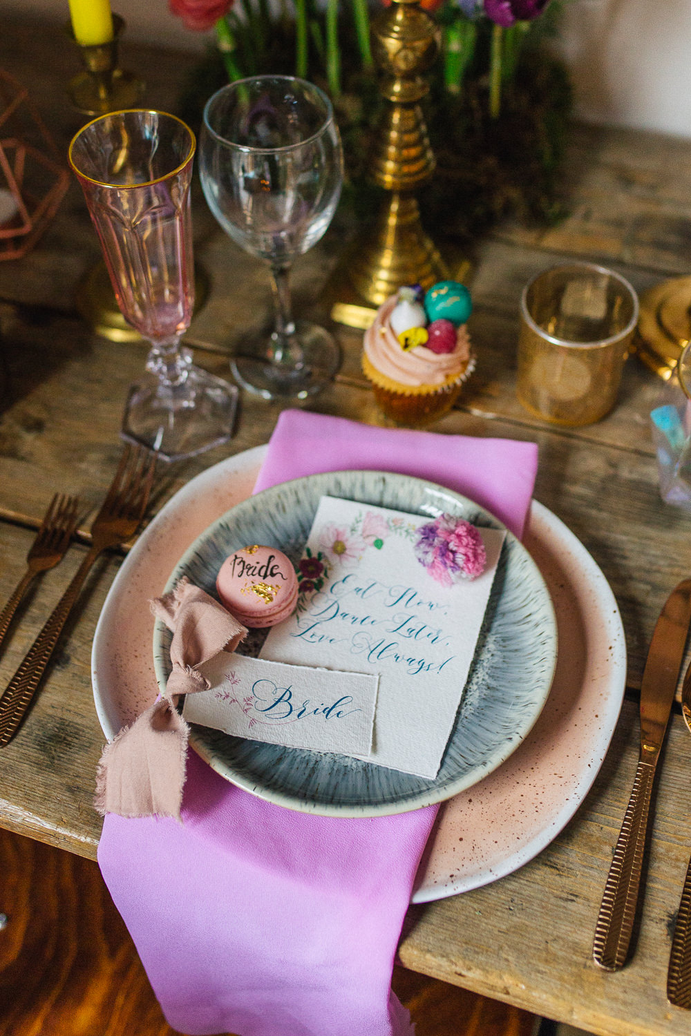 Place Setting Decor Plates Napkin Cupcake Macaron Pink Playful Cool Wedding Ideas Sophie Lake Photography