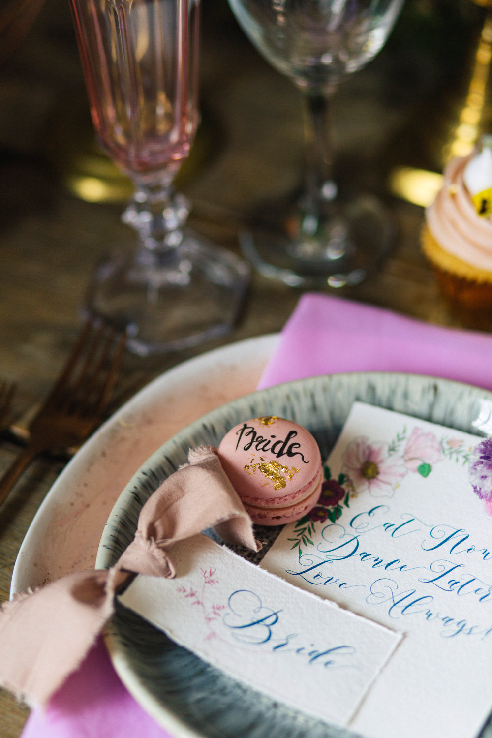 Place Setting Decor Plates Napkin Cupcake Macaron Pink Playful Cool Wedding Ideas Sophie Lake Photography