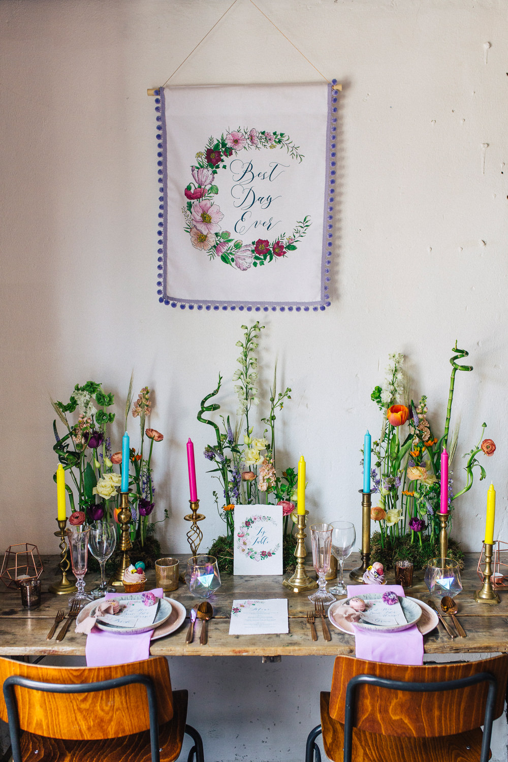 Table Tablescape Decor Candles Meadow Fowers Banner Backdrop Playful Cool Wedding Ideas Sophie Lake Photography