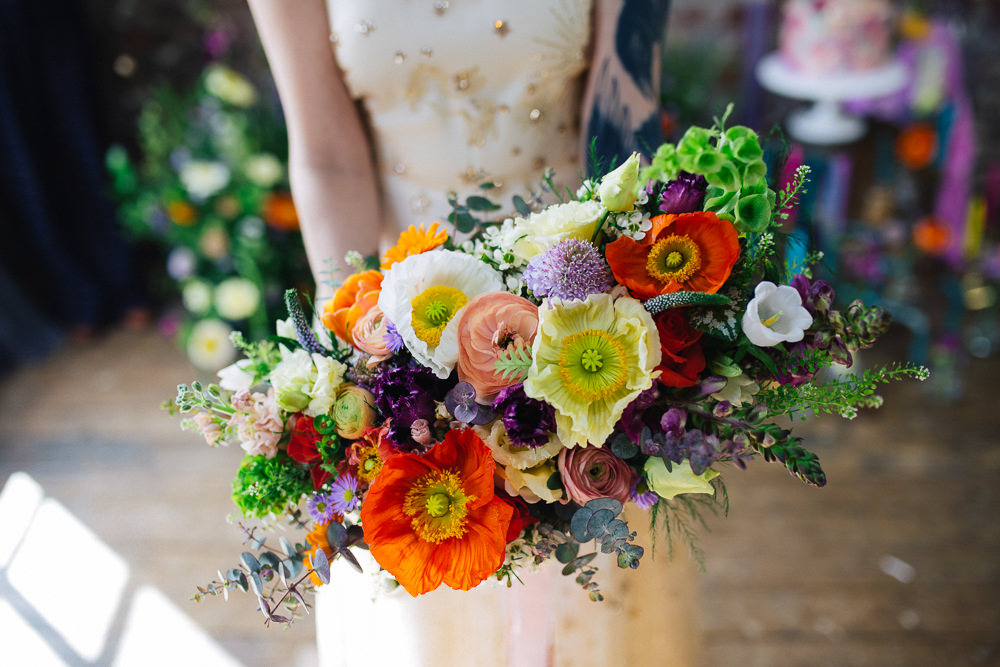 Bride Bridal Bouquet Flowers Colourful Poppy Poppies Playful Cool Wedding Ideas Sophie Lake Photography
