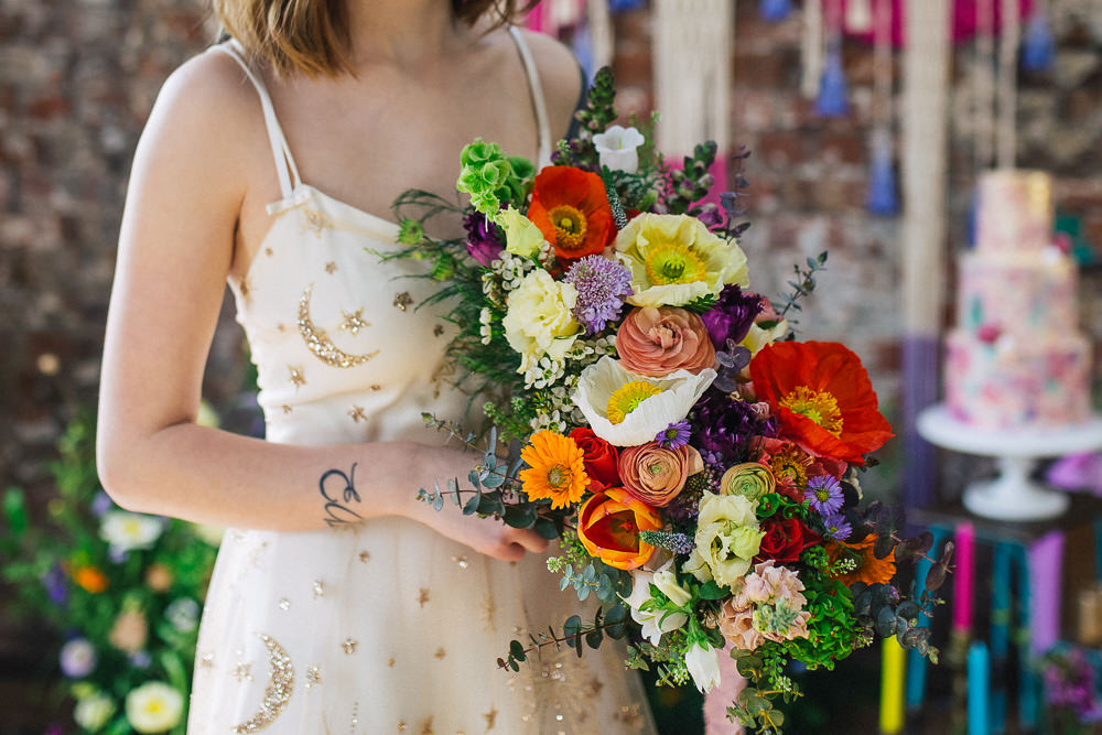 Bride Bridal Bouquet Flowers Colourful Poppy Poppies Playful Cool Wedding Ideas Sophie Lake Photography