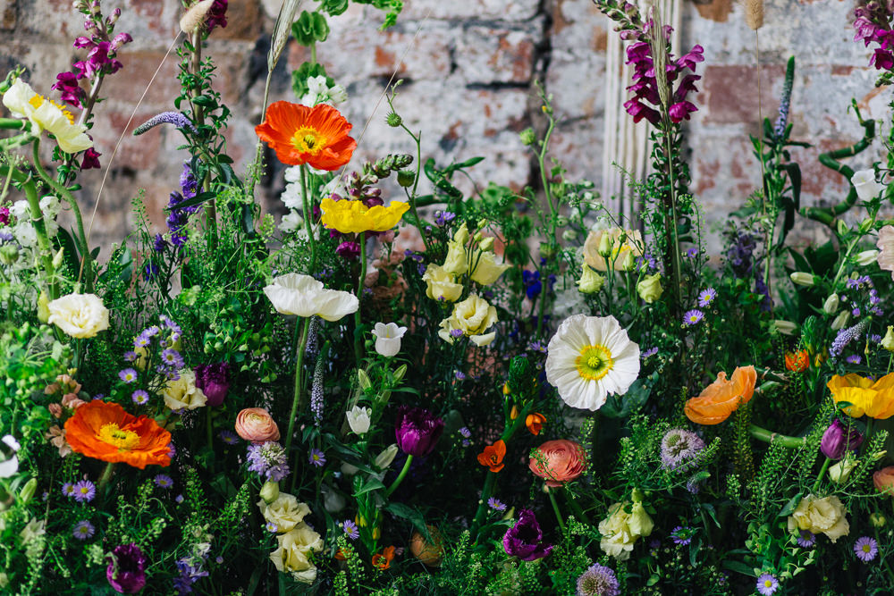 Meadow Flowers Meadowscape Arrangement Wild Colourful Poppy Poppies Playful Cool Wedding Ideas Sophie Lake Photography