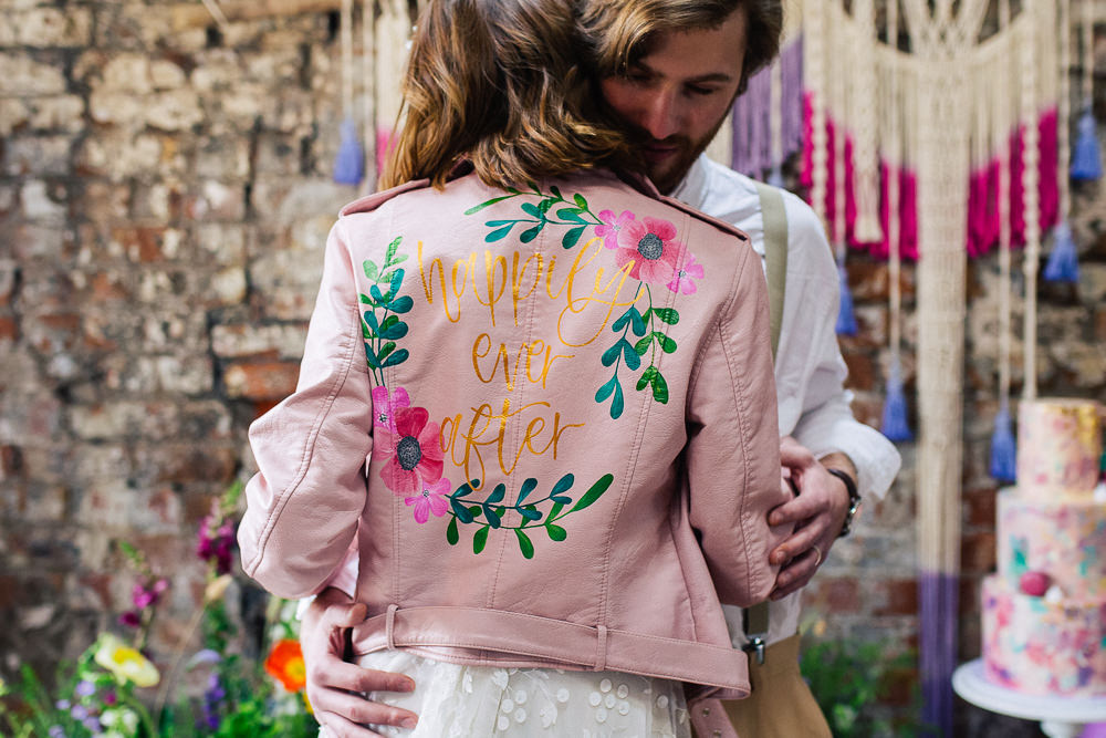Bride Bridal Leather Jacket Pink Paintet Personalised Playful Cool Wedding Ideas Sophie Lake Photography