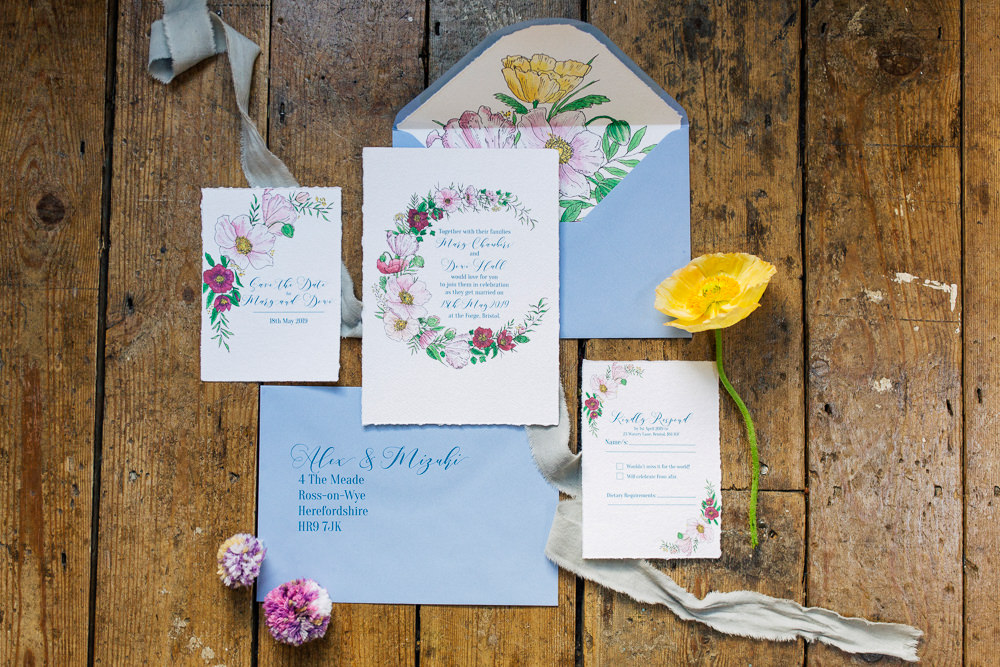 Floral Statonery Invite Invitation Blue Playful Cool Wedding Ideas Sophie Lake Photography