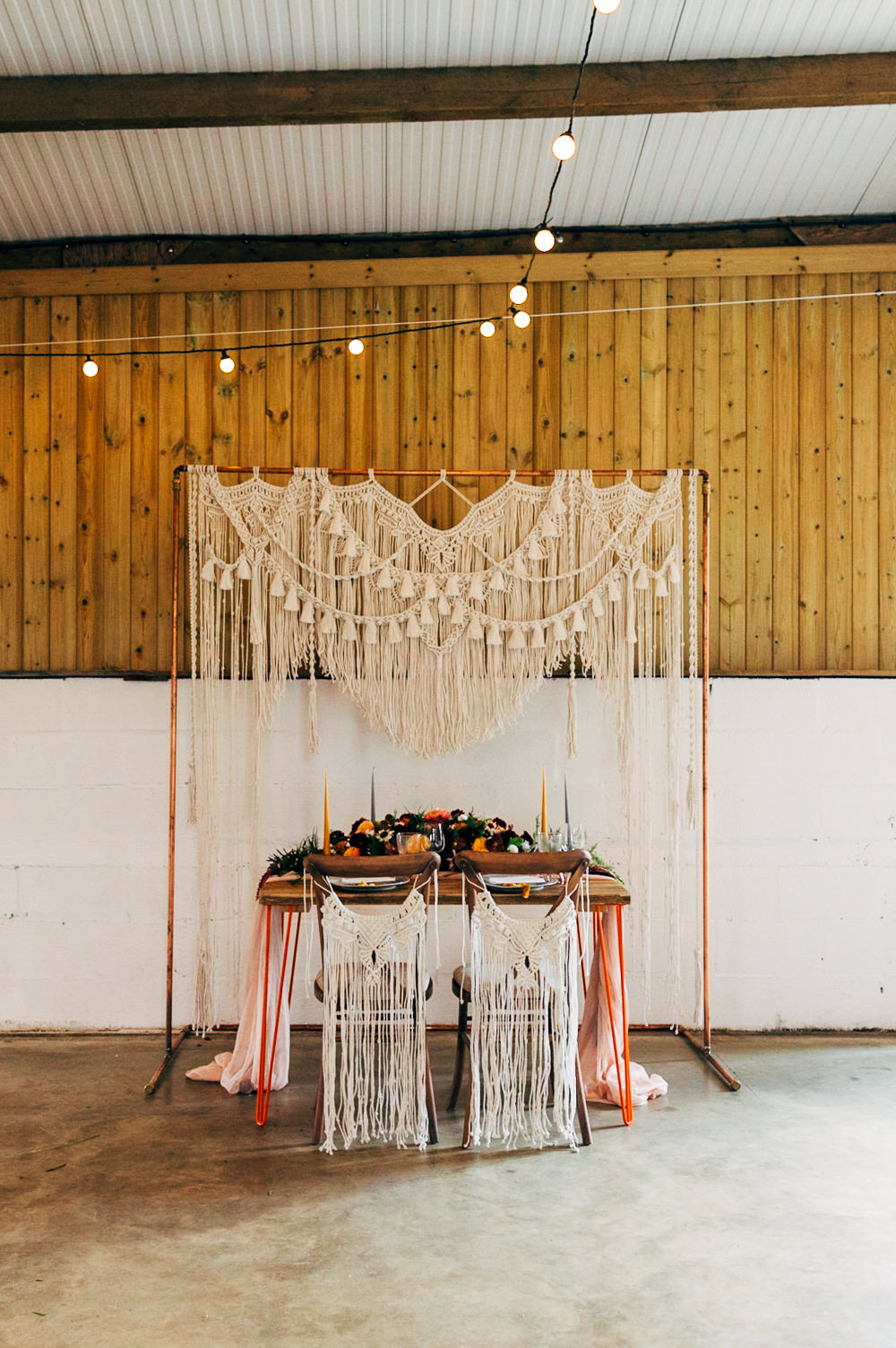 Table Tablescape Backdrop Macrame Frame Festoon Lights Decor Decoration Retro Wedding Ideas Emily Little Wedding Photography