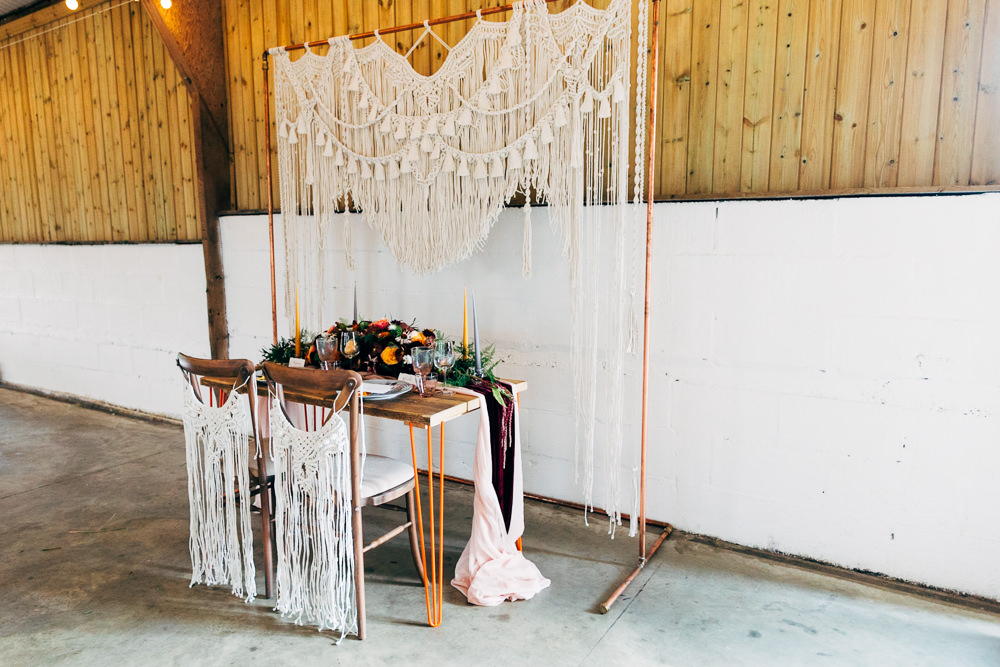 Table Tablescape Backdrop Macrame Frame Festoon Lights Decor Decoration Retro Wedding Ideas Emily Little Wedding Photography