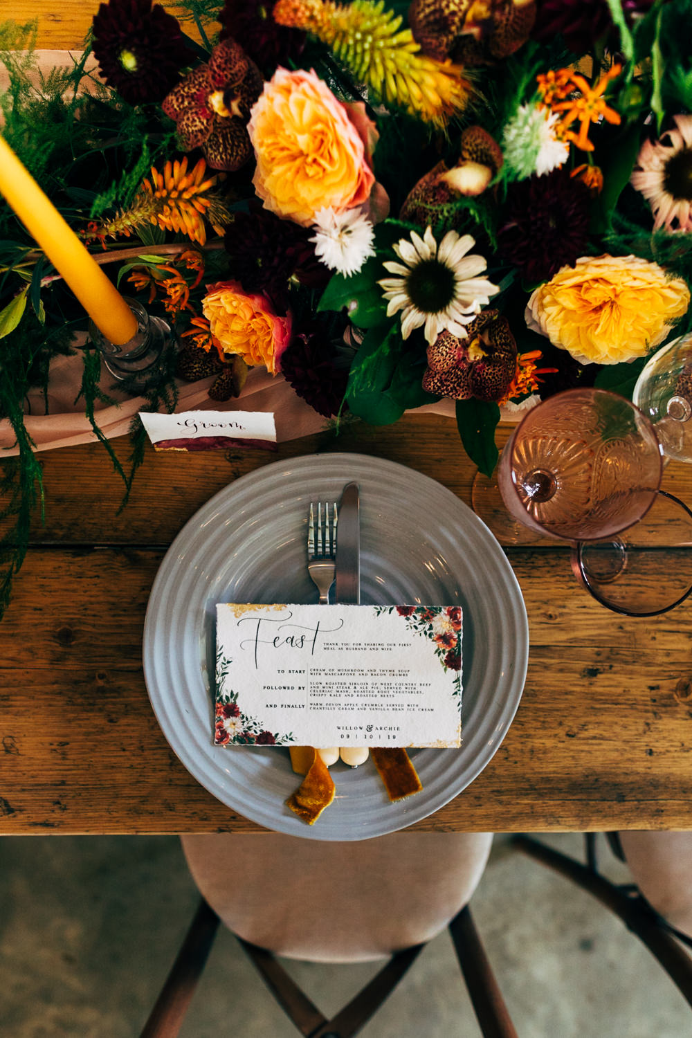 Place Setting Plate Menu Floral Menu Retro Wedding Ideas Emily Little Wedding Photography