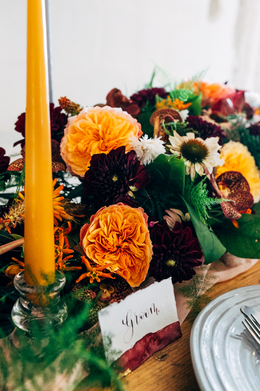 Table Flowers Autumn Dahlias Orchids Echinacea Rose Red Hot Pokers Butterflyweed Amaranthus Menthe Grevillea Asparagus Ferns Retro Wedding Ideas Emily Little Wedding Photography