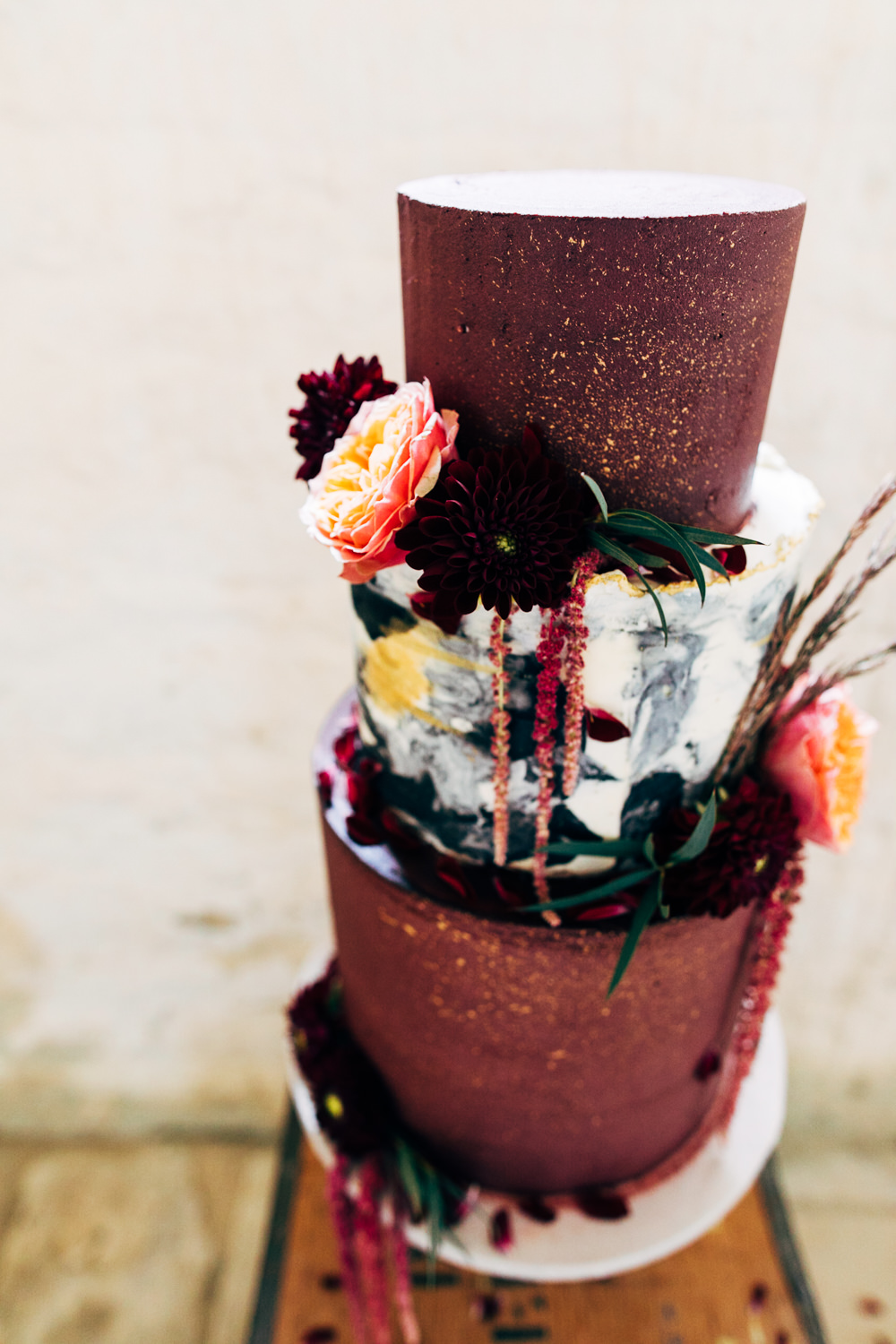 Cake Orange Burgundy Flowers Marble Gold Retro Wedding Ideas Emily Little Wedding Photography