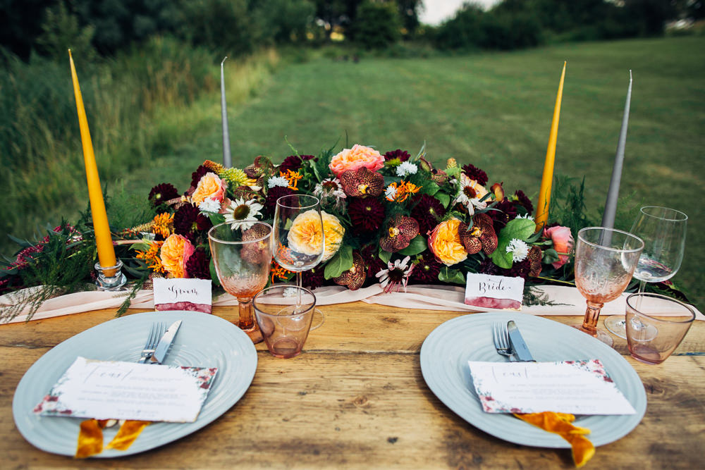 Table Tablescape Decor Flowers Runner Burgundy Orange Candles Retro Wedding Ideas Emily Little Wedding Photography