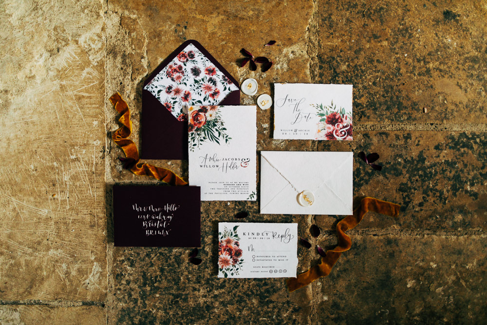 Invite Invitations Stationery Bordeaux Floral Gold Retro Wedding Ideas Emily Little Wedding Photography