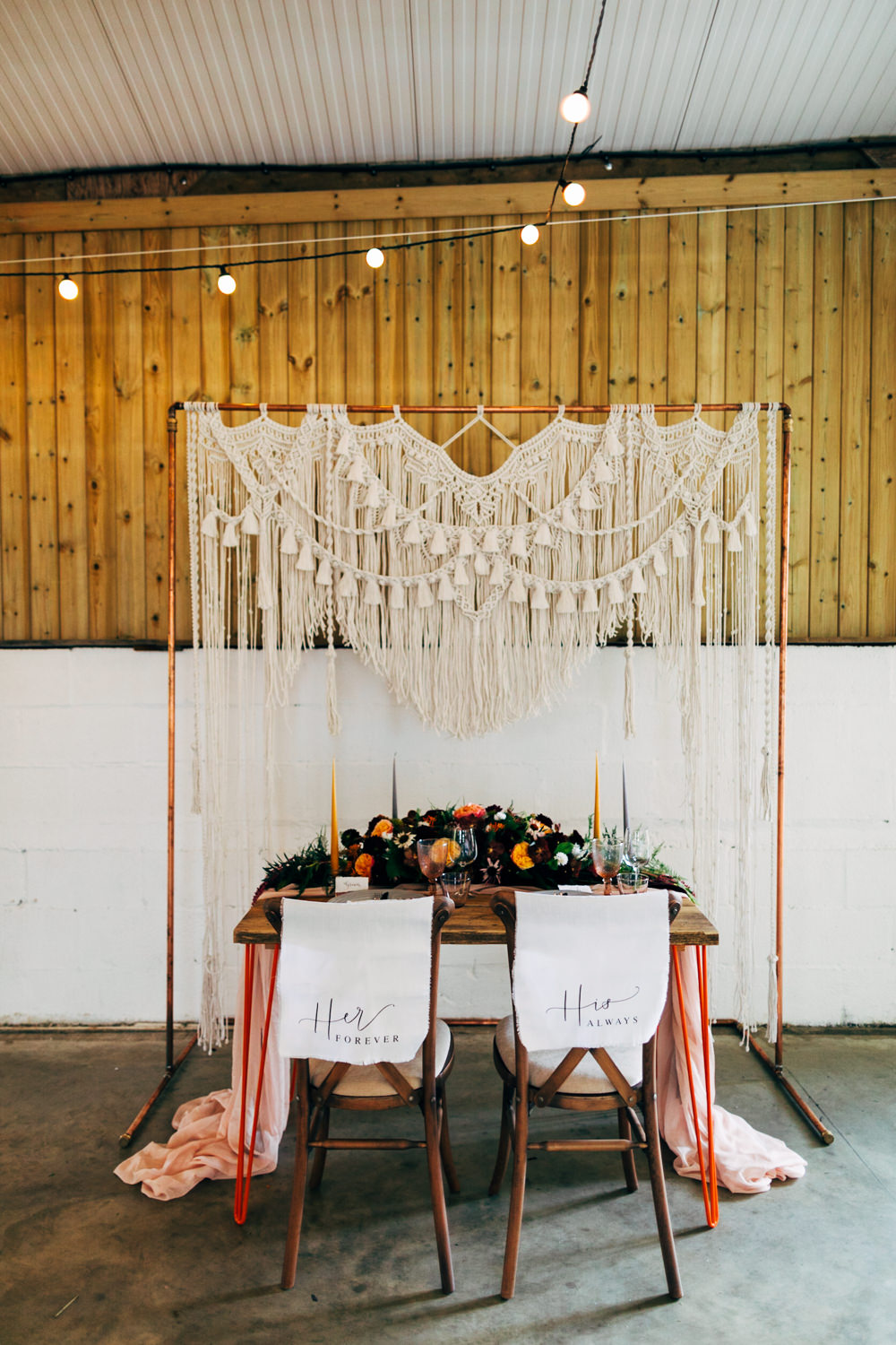 Table Tablescape Backdrop Macrame Frame Festoon Lights Decor Decoration Retro Wedding Ideas Emily Little Wedding Photography