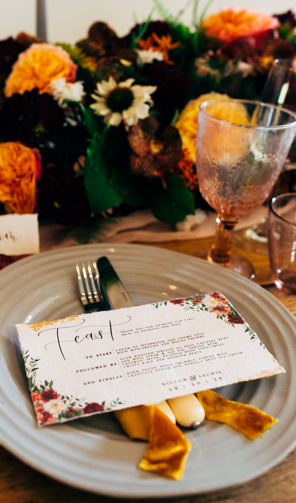 Place Setting Plate Menu Floral Menu Retro Wedding Ideas Emily Little Wedding Photography