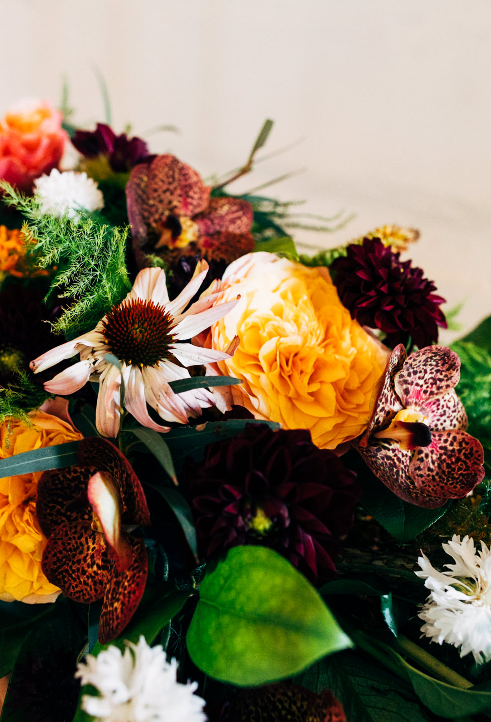 Table Flowers Autumn Dahlias Orchids Echinacea Rose Red Hot Pokers Butterflyweed Amaranthus Menthe Grevillea Asparagus Ferns Retro Wedding Ideas Emily Little Wedding Photography