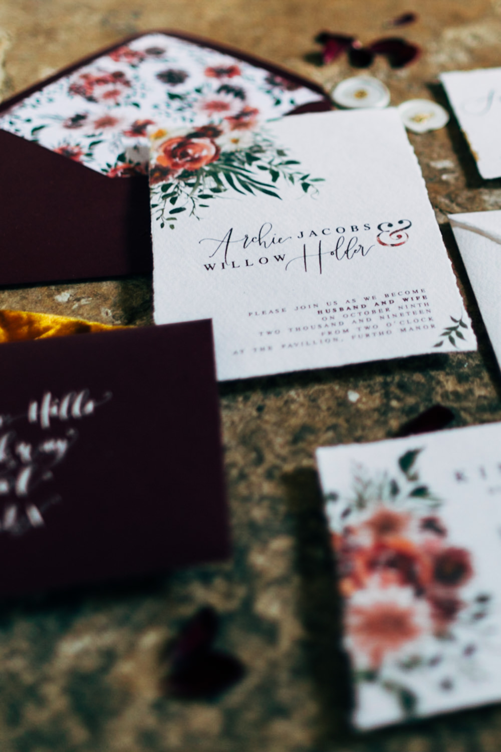 Invite Invitations Stationery Bordeaux Floral Gold Retro Wedding Ideas Emily Little Wedding Photography